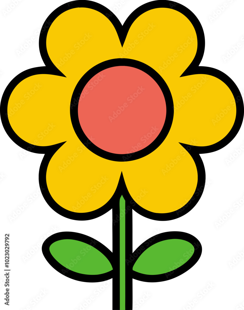 Simple yellow flower icon with red center and green leaves, cartoon style illustration, isolated on white background 간단한 노란색 꽃 아이콘, 빨간 중심과 초록색 잎, 흰색 배경에 고립된 만화 스타일 일러스트 Simple yellow flower icon with red center and green leaves, cartoon style illustration, isolated on white background 간단한 노란색 꽃 아이콘, 빨간 중심과 초록색 잎, 흰색 배경에 고립된 만화 스타일 일러스트