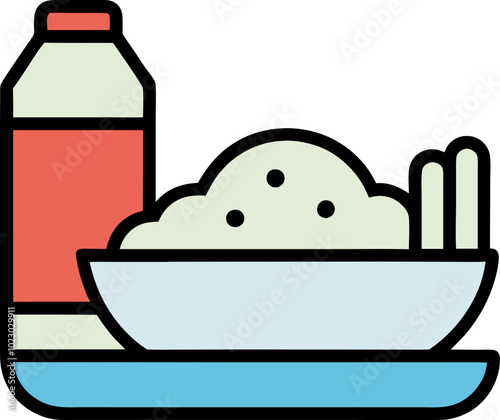 Simple rice and bottle food icon with chopsticks on plate in minimal color palette