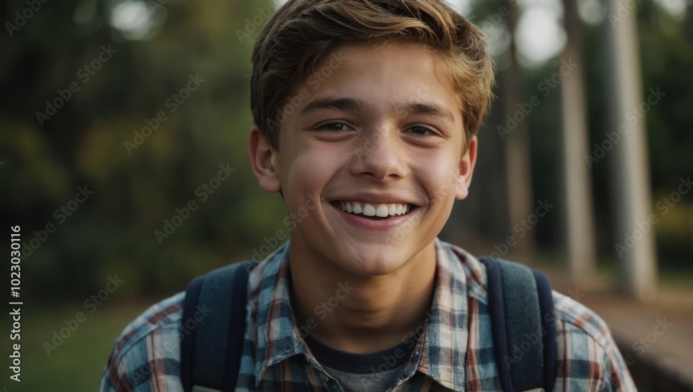 Smiling young male with short brown hair and casual attire, outdoors with blurred background Smiling young male with short brown hair and casual attire, outdoors with blurred background