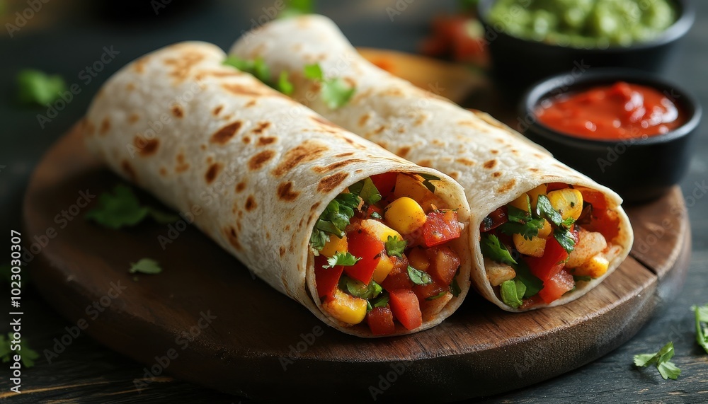 Whole wheat tortillas filled with fresh vegetables on a rustic wooden board in natural light Whole wheat tortillas filled with fresh vegetables on a rustic wooden board in natural light