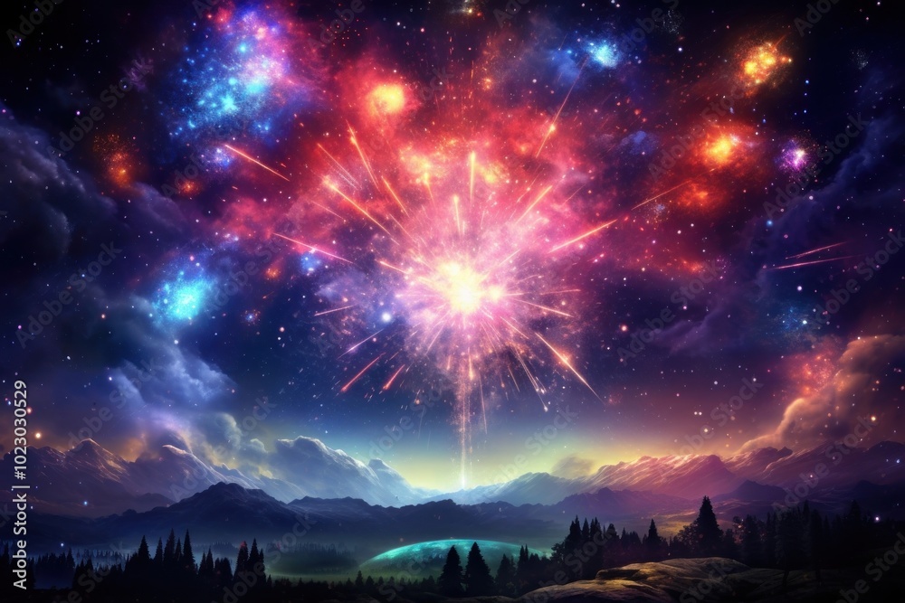 Fototapeta premium Fireworks space landscape astronomy.