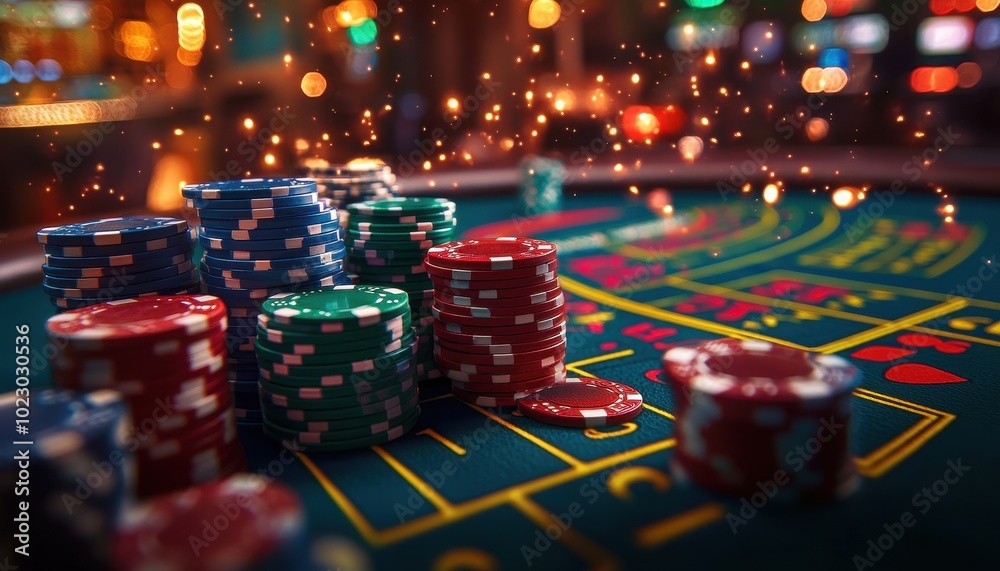 Gambling excitement fills the air with colorful chips stacked at a lively casino table Gambling excitement fills the air with colorful chips stacked at a lively casino table