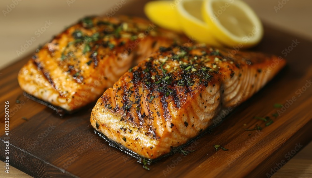 Grilled salmon fillets with lemon and herbs served on a wooden board in a warm kitchen setting Grilled salmon fillets with lemon and herbs served on a wooden board in a warm kitchen setting