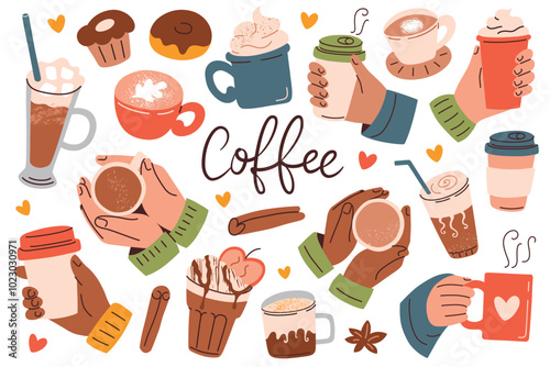Colorful vector illustration of hands holding coffee cups in flat cartoon style. Mugs with hot drinks, takeaway cups, donuts, cozy details. Coffee lettering, cafe menu, cozy atmosphere designs