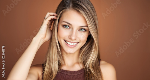 Portrait of a smiling woman with long blonde hair, showcasing beauty and confidence. The soft brown background emphasizes her natural charm and elegance, creating a warm and inviting atmosphere.