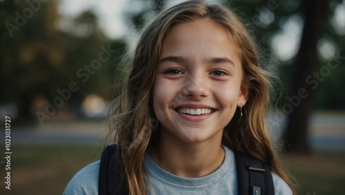 Smiling young girl with light skin and hair tied back, outdoors with greenery