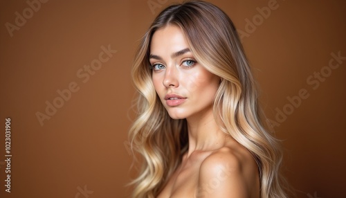 Close-up portrait of a young woman with long, soft blonde hair and calm expression, set against a warm brown background. photo