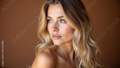 Close-up portrait of a young woman with long, soft blonde hair and calm expression, set against a warm brown background. photo