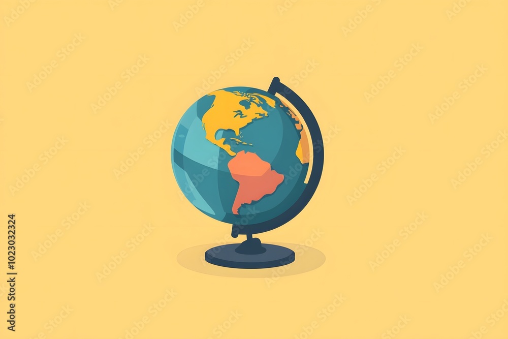 A Simple Blue Globe with Continents on a Yellow Background A Simple Blue Globe with Continents on a Yellow Background