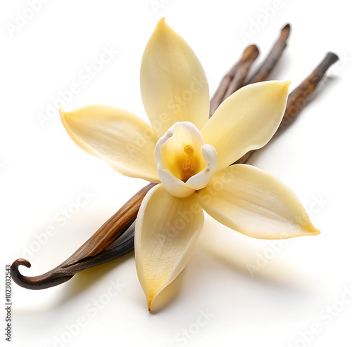A delicate vanilla flower lies elegantly next to vanilla pods, all on a clean white background, highlighting the natural beauty of the bloom and its fragrance. photo