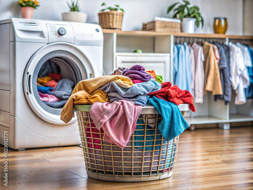 A full laundry basket overflowing with colorful clothes, placed in a bright laundry room with a washing machine and hanging clothes in the background.
