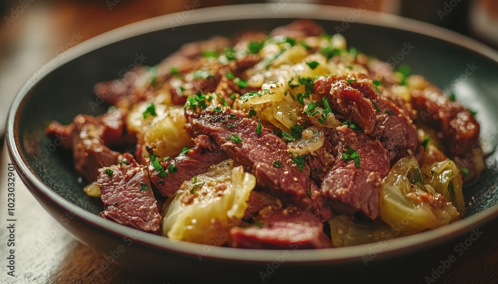 Traditional Irish corned beef and cabbage served on a dark plate for St. Patrick's Day festivities Traditional Irish corned beef and cabbage served on a dark plate for St. Patrick's Day festivities
