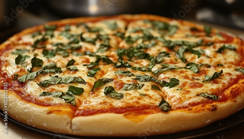 Deliciously fresh Pizza Margherita with basil leaves served in a cozy kitchen setting