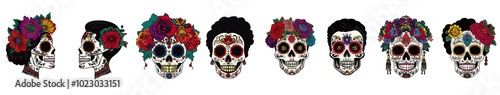 Skull designs with jewelry and hair in mexican style isolated on white background. Day of the Dead concept illustration, digital graphic design and cut out sticker set.