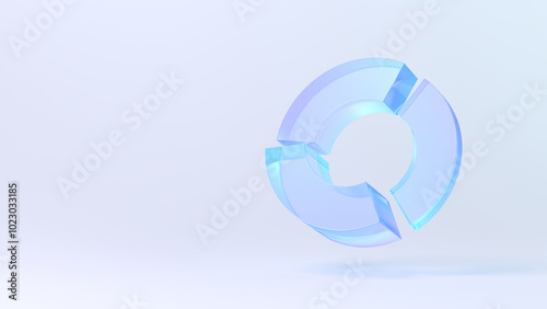 Abstract glass pie chart. Glassmorphism. Blue and violet. Translucent. Copy space. 3d illustration.
