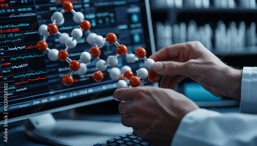 A scientist analyzing molecular structures on a computer, showcasing the intersection of technology and biology in research. A scientist analyzing molecular structures on a computer, showcasing the intersection of technology and biology in research.