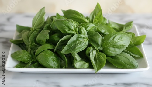 Fresh basil leaves arranged neatly on a white plate, showcasing their vibrant green color and aroma