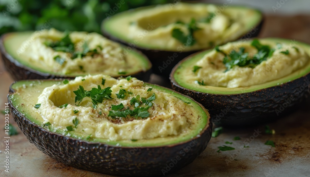 Creamy avocado halves filled with flavorful mixture and topped with fresh herbs on wooden board Creamy avocado halves filled with flavorful mixture and topped with fresh herbs on wooden board
