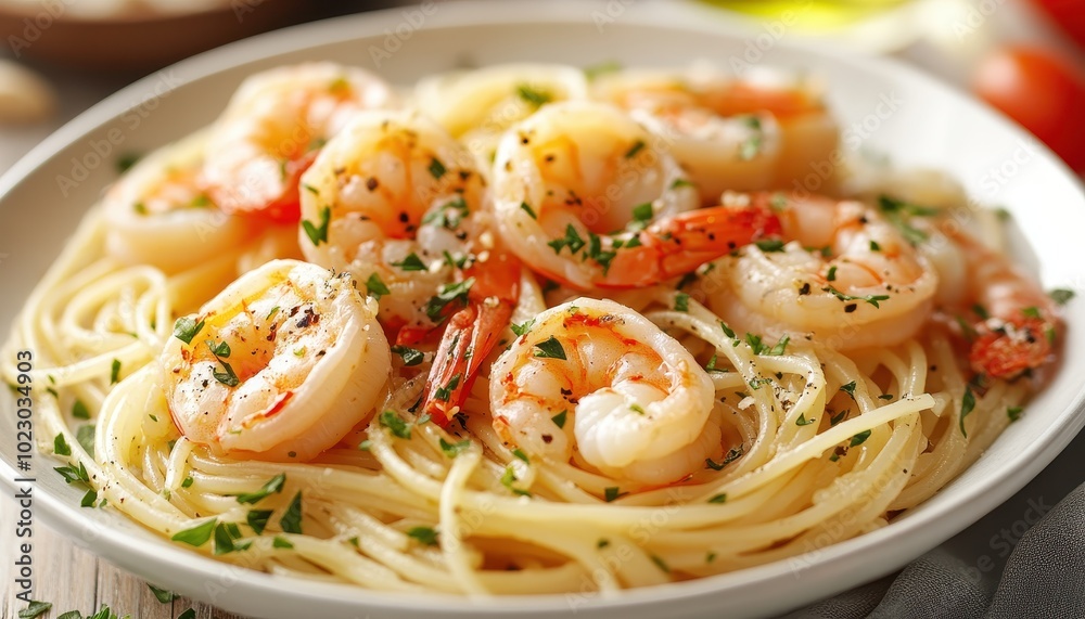 Delicious shrimp scampi with garlic butter and pasta served in a bowl with herbs Delicious shrimp scampi with garlic butter and pasta served in a bowl with herbs
