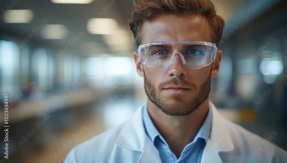 A chemist in a lab coat and safety goggles prepares for experiments in a modern laboratory setting A chemist in a lab coat and safety goggles prepares for experiments in a modern laboratory setting