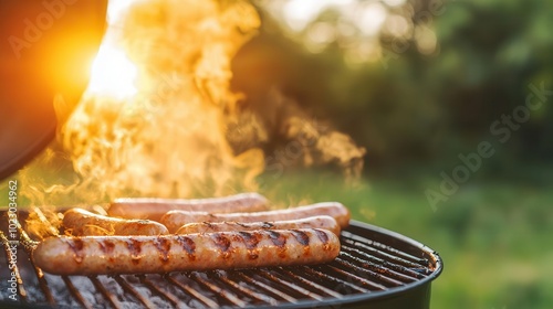 Juicy grilled sausages sizzling on a barbecue, with smoke rising and sunlight hitting the grill, delicious food, outdoor barbecue photo