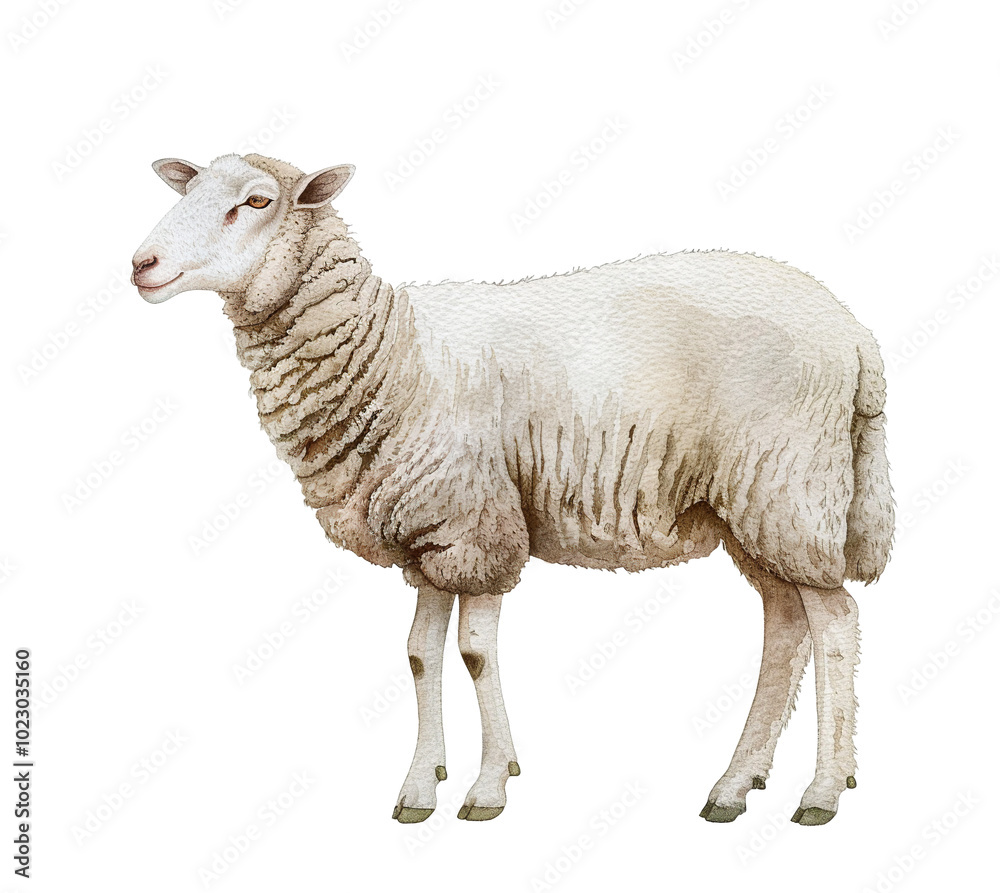 Fototapeta premium Watercolor sheep in side view on isolated background, highlighting its fluffy coat and tranquil demeanor.