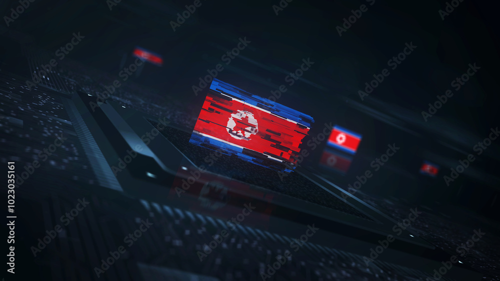North Korea digital technology flag on computer CPU North Korea digital technology flag on computer CPU