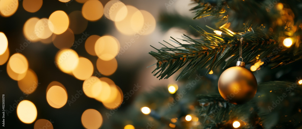 beautifully adorned Christmas tree with golden bauble and soft fairy lights creates warm and festive atmosphere. blurred background enhances holiday spirit beautifully adorned Christmas tree with golden bauble and soft fairy lights creates warm and festive atmosphere. blurred background enhances holiday spirit