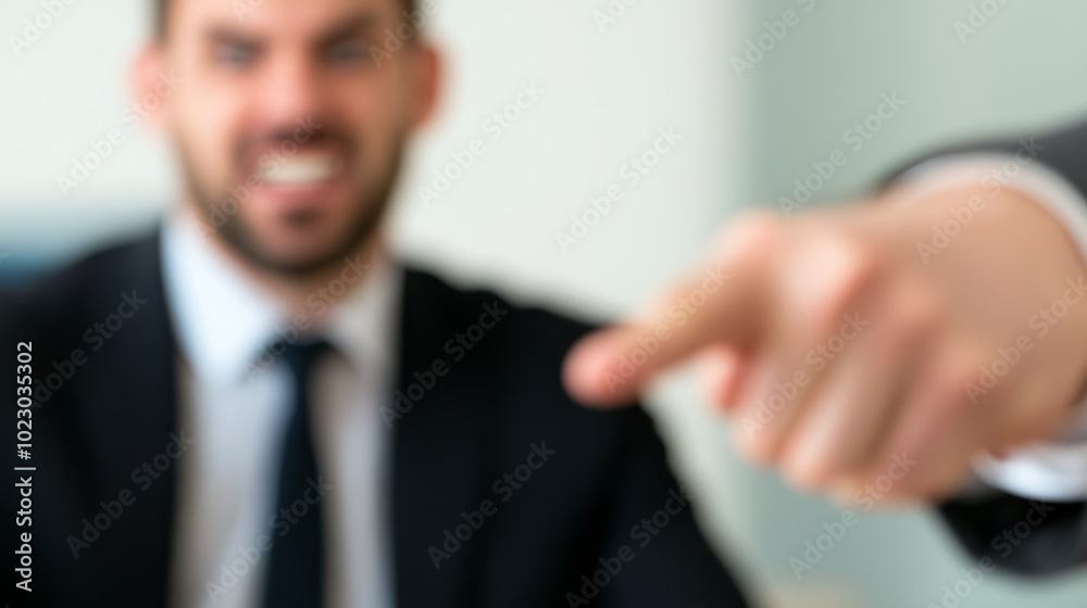 Angry boss pointing at smiling employee in office setting, conveying tension and authority. blurred background emphasizes focus on bosss expression and gesture Angry boss pointing at smiling employee in office setting, conveying tension and authority. blurred background emphasizes focus on bosss expression and gesture
