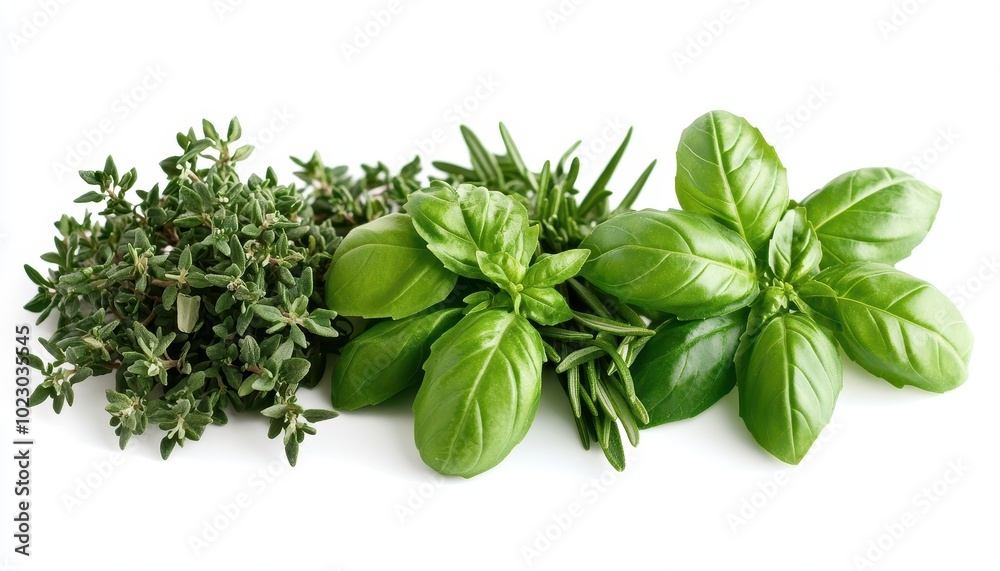 Basil, parsley, and rosemary herbs artfully arranged on a white background for cooking Basil, parsley, and rosemary herbs artfully arranged on a white background for cooking