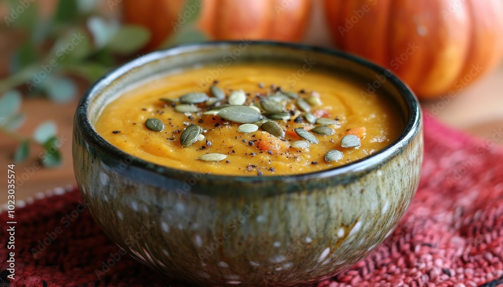 Creamy pumpkin soup in a rustic bowl surrounded by autumn decorations and fresh pumpkins Creamy pumpkin soup in a rustic bowl surrounded by autumn decorations and fresh pumpkins