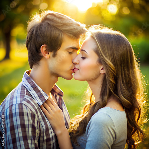 A young couple shares a tender kiss outdoors, bathed in warm golden sunlight. The serene moment is intimate, set against the backdrop of trees and nature during sunset.