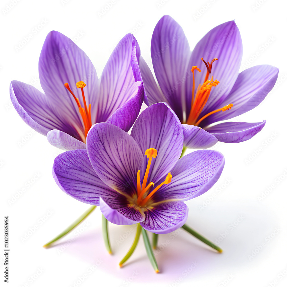 Three blooming purple crocus flowers with vibrant orange stamens. The flowers stand tall, showcasing their delicate petals in a striking contrast to the white background. Three blooming purple crocus flowers with vibrant orange stamens. The flowers stand tall, showcasing their delicate petals in a striking contrast to the white background.
