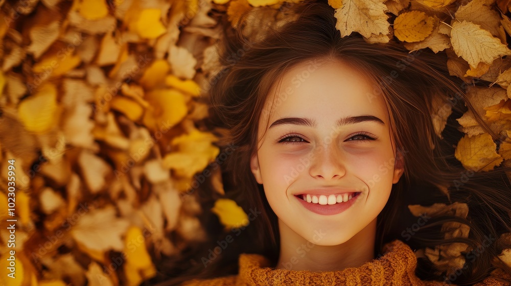 Gorgeous haired girl lying in a park covered in fall leaves, and a teen grinning and glancing at the camera Gorgeous haired girl lying in a park covered in fall leaves, and a teen grinning and glancing at the camera