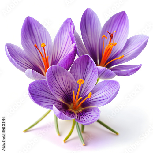 Three blooming purple crocus flowers with vibrant orange stamens. The flowers stand tall, showcasing their delicate petals in a striking contrast to the white background.