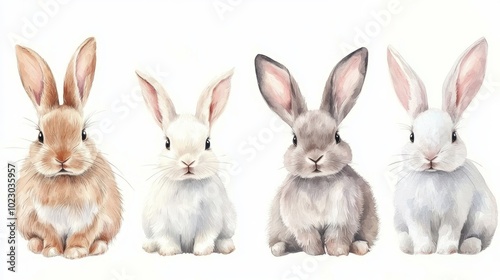 A collection of four adorable rabbits representing different colors and breeds, with a white isolated background.