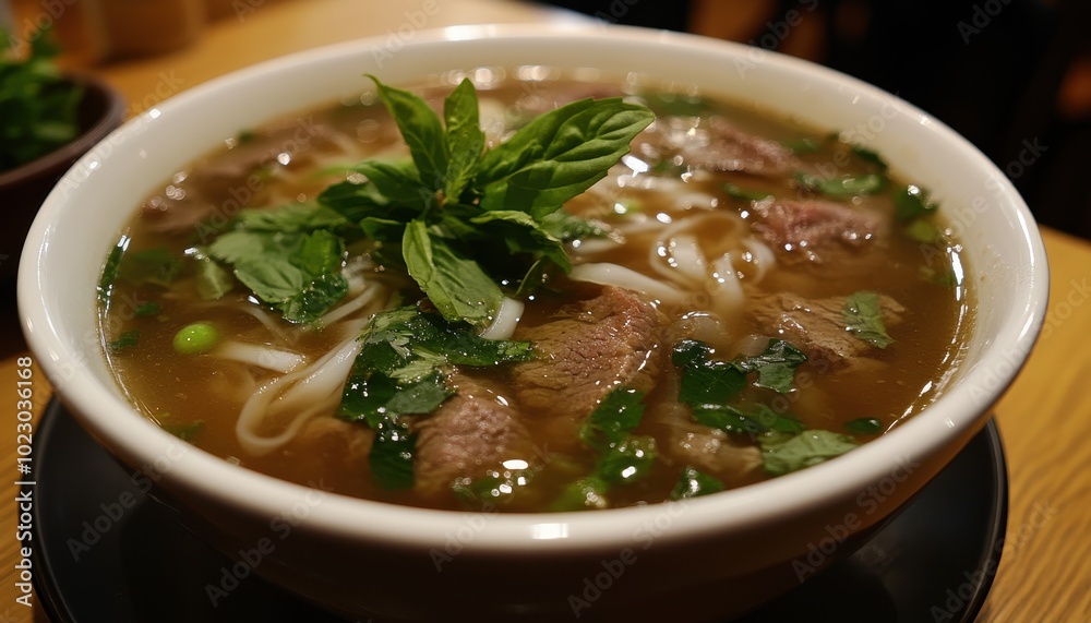 A bowl of beef pho with fresh herbs and noodles served at a cozy Vietnamese restaurant A bowl of beef pho with fresh herbs and noodles served at a cozy Vietnamese restaurant