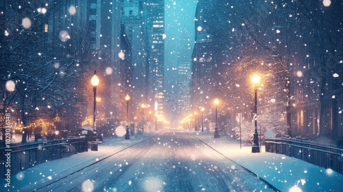 Enchanting Snowfall in the City Lights