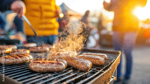 Sausages cooking on a grill at a street market, steam rising and people enjoying the lively atmosphere, street food, market vibes