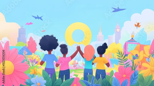 A vibrant illustration of diverse individuals celebrating in a colorful, floral landscape.