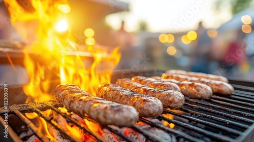 Sausages grilling over open flames at a food festival, with vibrant atmosphere around, street food, festival vibes