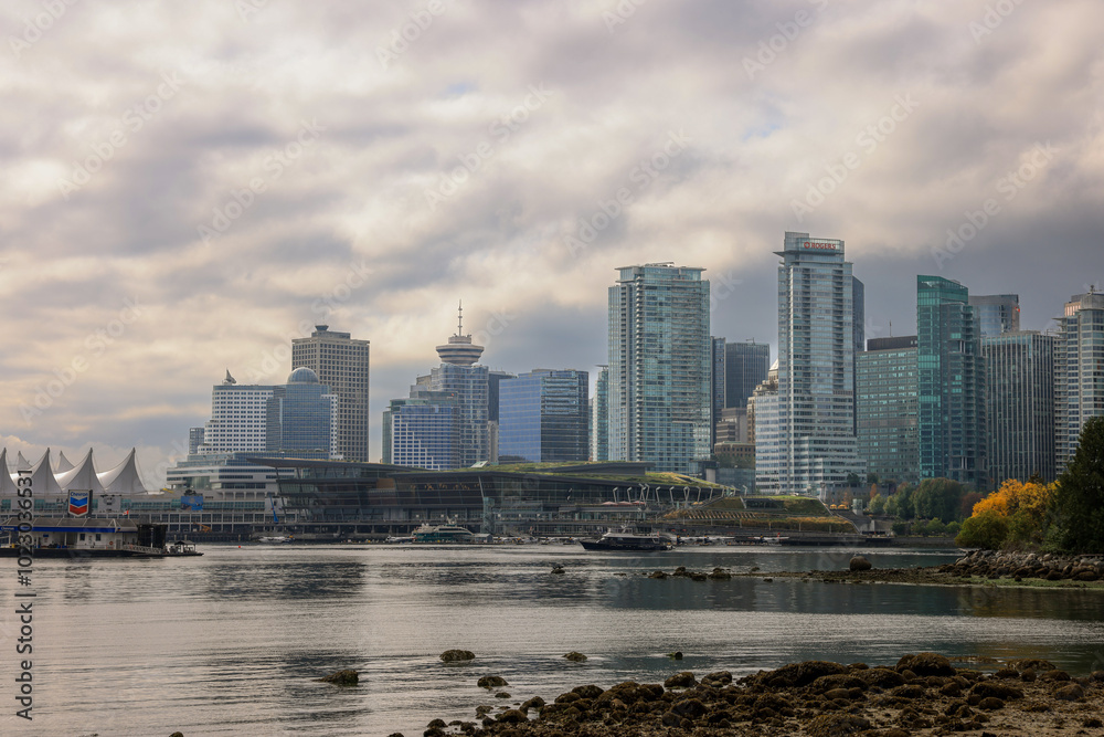 the skyline of Vancouver on a cloudy sky
