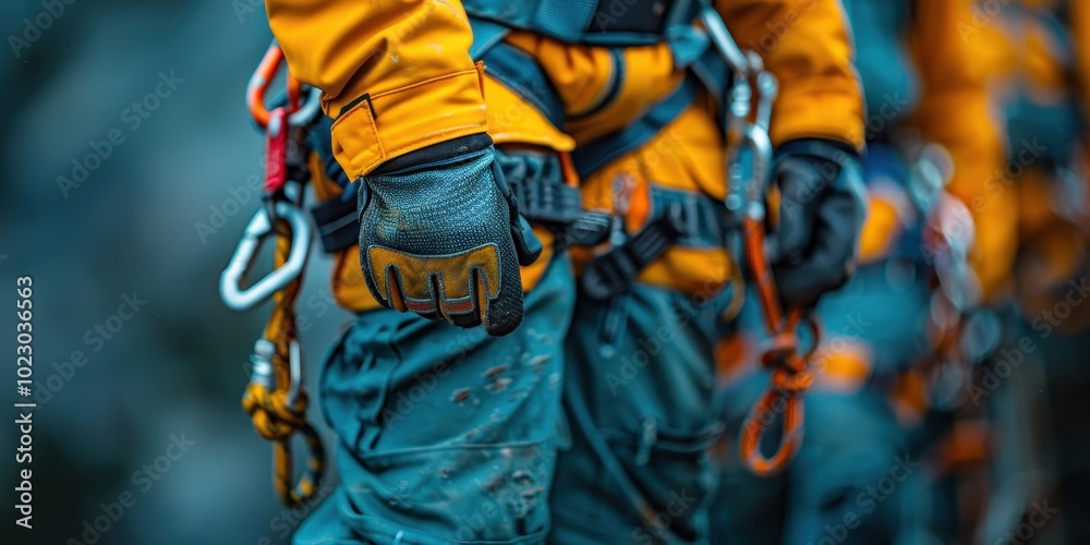 Fototapeta premium Work on high altitude equipment. Fall arrest device