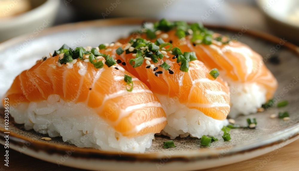 Savoring fresh salmon sushi garnished with green onions and sesame seeds on a rustic plate Savoring fresh salmon sushi garnished with green onions and sesame seeds on a rustic plate