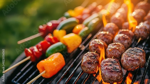 Sausages on skewers grilling over open flames, surrounded by colorful vegetables, barbecue feast, outdoor cooking