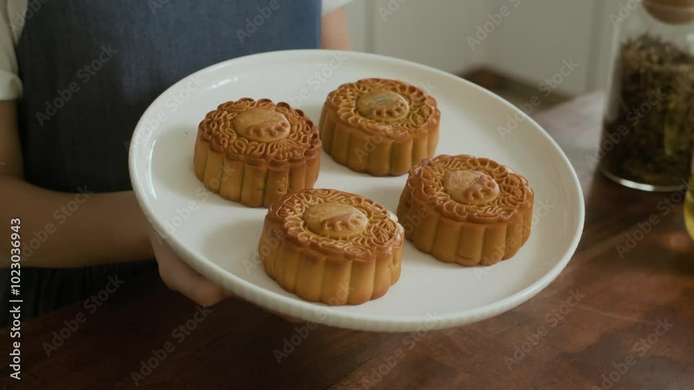 Cropped shot of unrecognizable kid holding plate with fresh baked mooncakes for Mid-autumn festival Cropped shot of unrecognizable kid holding plate with fresh baked mooncakes for Mid-autumn festival