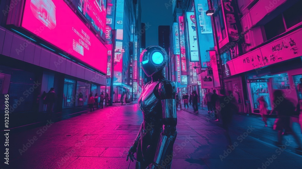 A futuristic robot stands in a neon-lit urban environment, blending technology and nightlife. A futuristic robot stands in a neon-lit urban environment, blending technology and nightlife.
