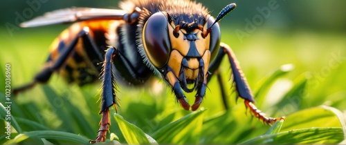 Asian Giant Hornet Vespa mandarinia macroshot with green grass and sunset. Highly detailed and realistic 21:9 ultrawide illustration photo