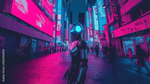 A futuristic robot stands in a neon-lit urban environment, blending technology and nightlife.