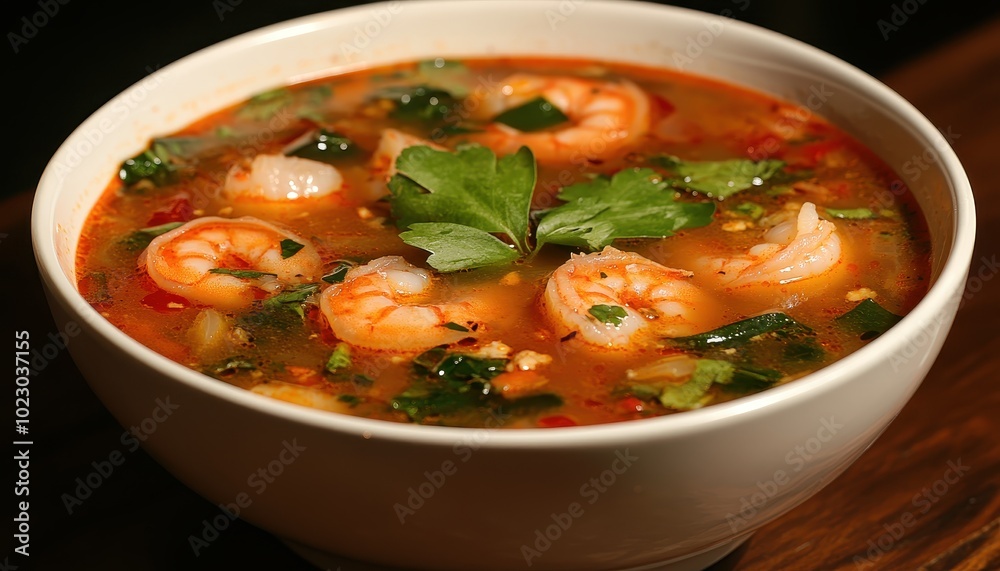 Spicy Tom Yum soup with shrimp and fresh herbs in a cozy Thai restaurant Spicy Tom Yum soup with shrimp and fresh herbs in a cozy Thai restaurant